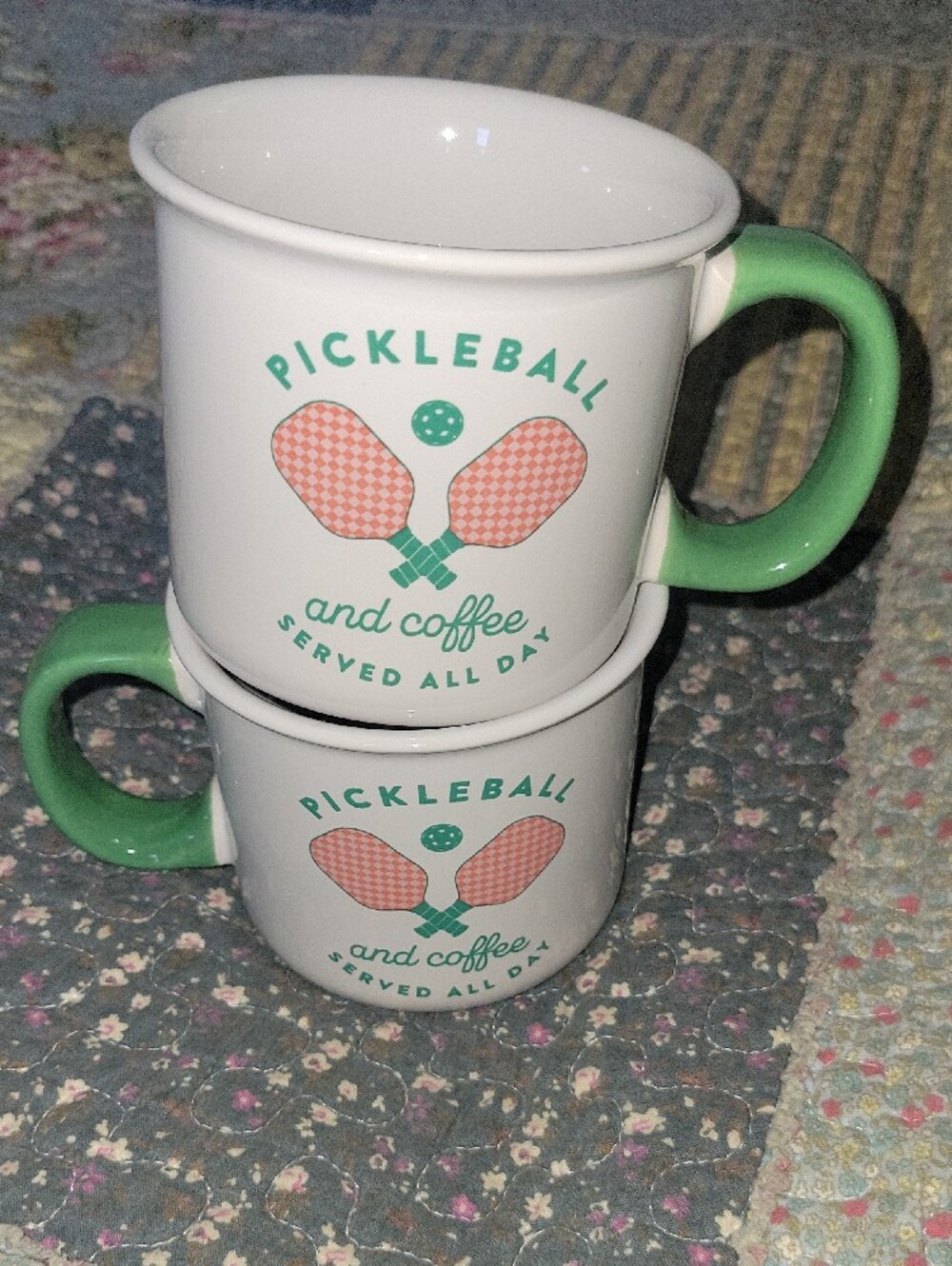 Pickleball & Coffee Ceramic Mugs Pink Paddle Green Handle Set of 2